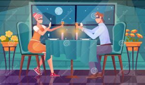 نقاشی از تصویر دختر و پسر نابینا که دو طرف میزی کوچک نشسته اند