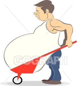 نقاشی تصویر فردی بسیار چاق که شکم خود را در فرغون حمل می‌کند.