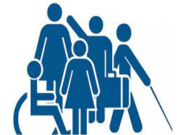 نقاشی سایه آبی‌رنگ کودکان با نیازهای ویژه که در آن فردی با عصای سفید و فرد دیگری روی ویلچر دیده می‌شود.