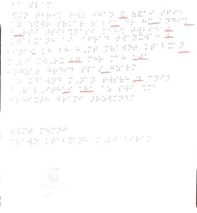 تقدیرنامه به خط بریل تهیه شده توسط بخش نابینایان کتابخانه ملی ایران - ایرادهای املایی با رنگ قرمز مشخص شده است